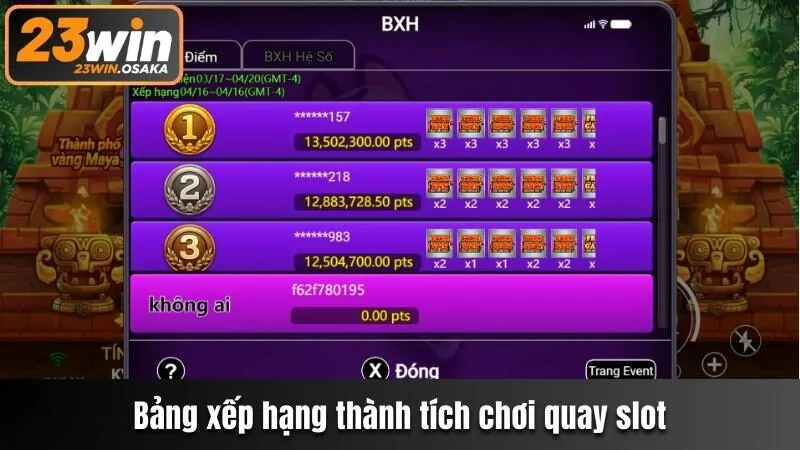 Bảng xếp hạng thành tích chơi quay slot